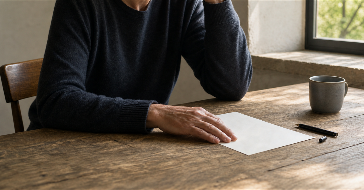 A cropped figure pauses at a wooden table, hand beside a blank page, with soft spring daylight through the window.