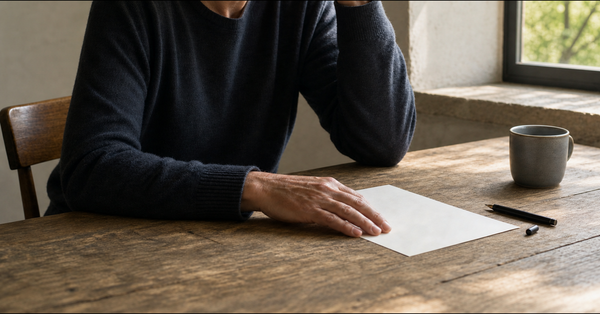 A cropped figure pauses at a wooden table, hand beside a blank page, with soft spring daylight through the window.